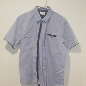 Light blue with navy pattern trim button up shirt